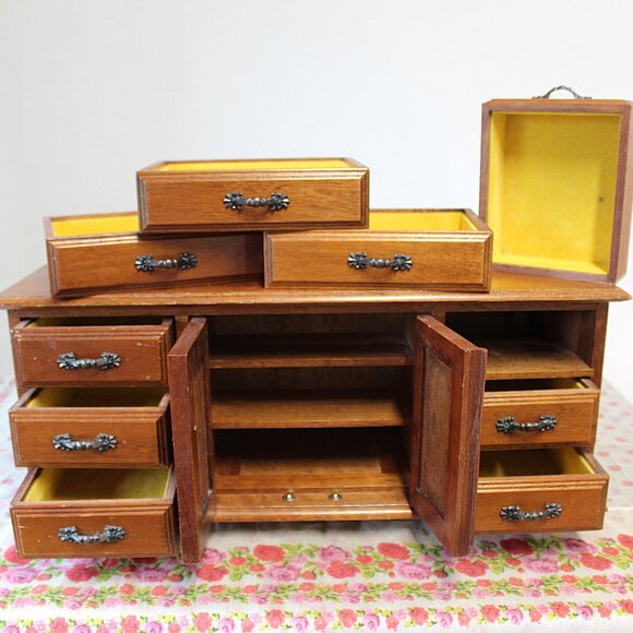 Vintage Wood Jewelry Box: 1970s Vanity Storage with Drawers - Picture 1 of 16